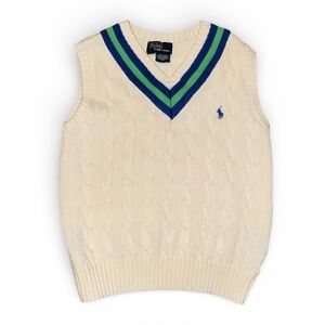 Polo Ralph Lauren Cable Knit Sweater Vest Boys Size 6 Ivory V-Neck blue green